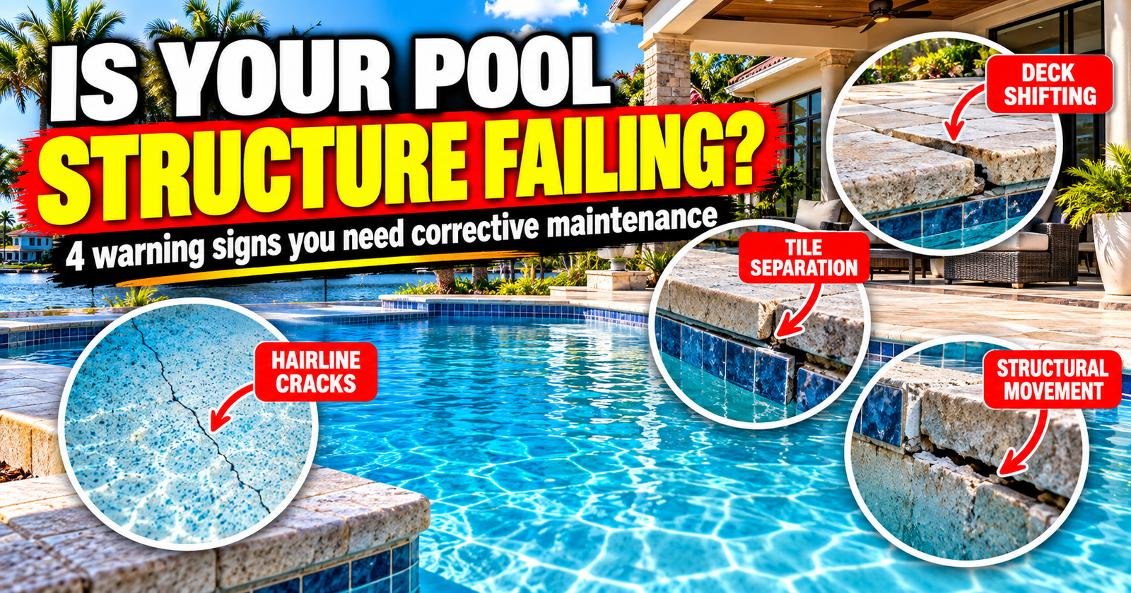 Swimming pool showing 4 warning signs of structural failure: hairline cracks, tile separation, structural movement, and deck shifting.