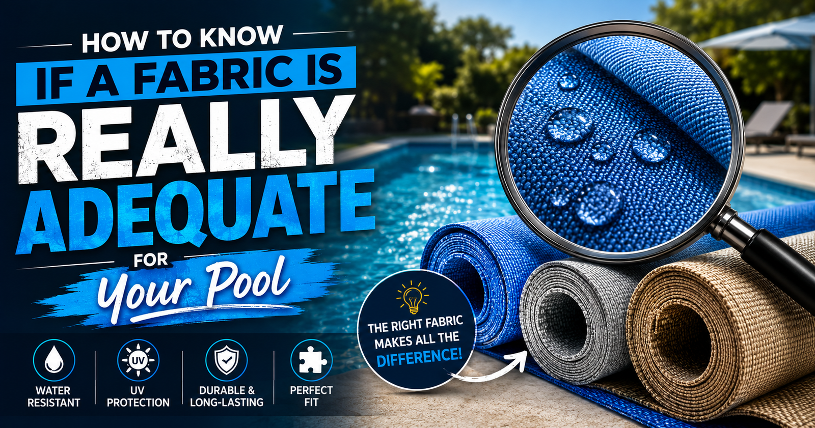 Magnifying glass showing water droplets on a blue pool cover fabric roll next to grey and tan rolls beside a swimming pool.