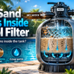 Cross-section diagram of a pool sand filter showing dirty water entering the top, dirt particles getting trapped in the silica sand bed, and clean water flowing out the bottom.