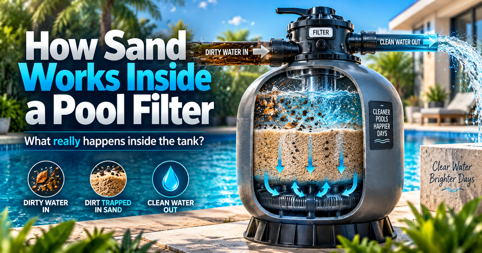 Cross-section diagram of a pool sand filter showing dirty water entering the top, dirt particles getting trapped in the silica sand bed, and clean water flowing out the bottom.