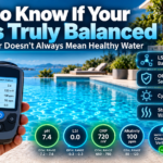 Digital pool water tester showing perfect LSI and ORP chemistry readings