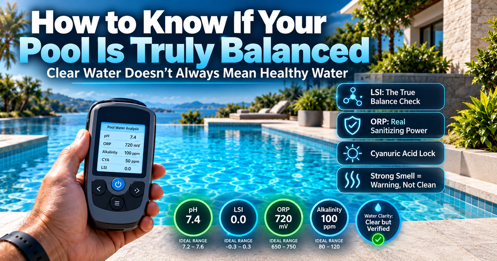 Digital pool water tester showing perfect LSI and ORP chemistry readings