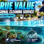 Crystal clear swimming pool representing chemically balanced water managed by a professional pool cleaning service.