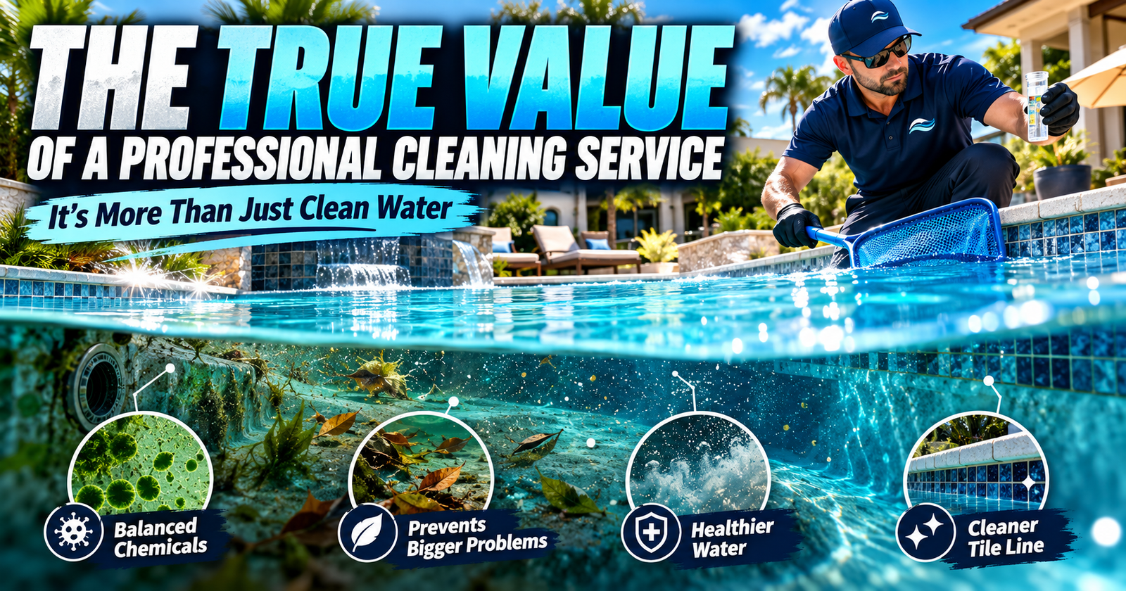 Crystal clear swimming pool representing chemically balanced water managed by a professional pool cleaning service.