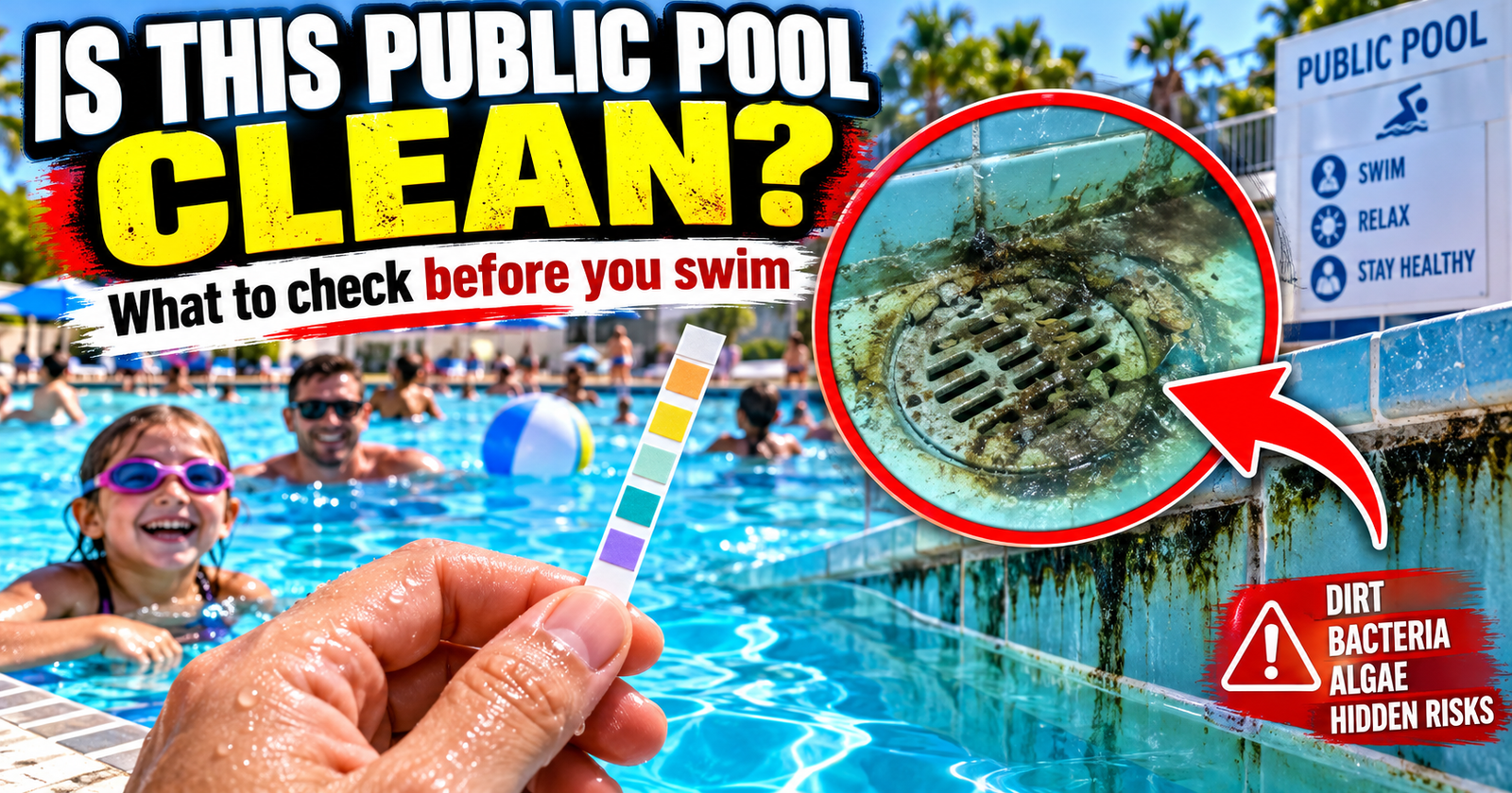 Hand holding a pool water test strip in front of a crowded public swimming pool with an inset showing dirty drain and algae buildup