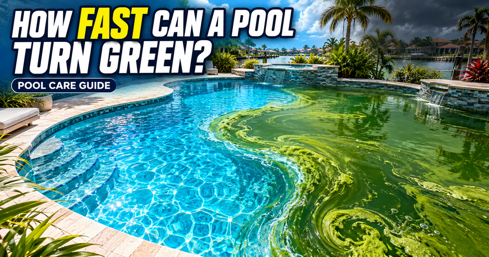 Pool rapidly transforming from crystal clear blue water to green with algae, illustrating the speed of water change.