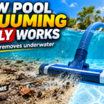Underwater view of a pool vacuum head cleaning dirt and leaves from a pool floor, showing a before and after comparison.