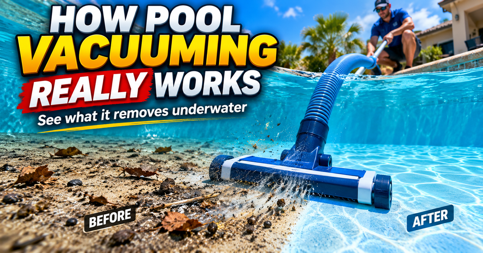 Underwater view of a pool vacuum head cleaning dirt and leaves from a pool floor, showing a before and after comparison.