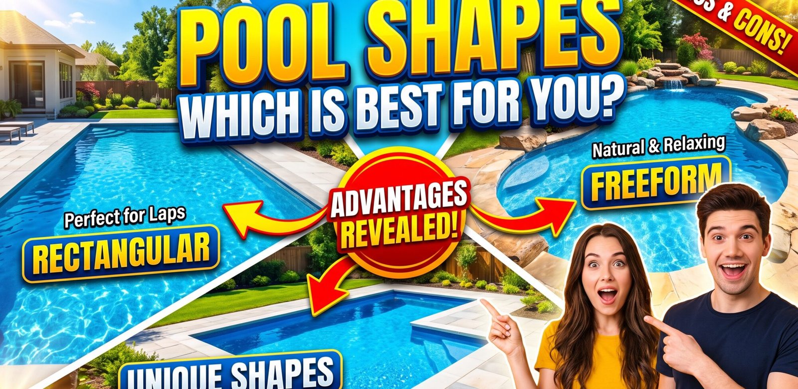 Comparison of different swimming pool shapes including rectangular, freeform, and unique designs, highlighting their pros and cons for hydrodynamics.