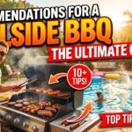 Man grilling meat on a barbecue next to a sunny pool with people swimming, illustrating the ultimate guide for a poolside BBQ.