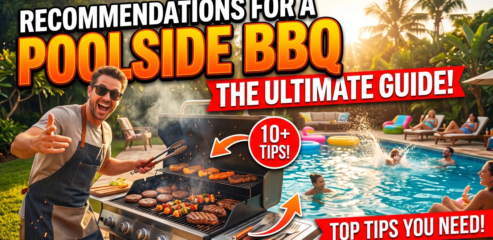 Man grilling meat on a barbecue next to a sunny pool with people swimming, illustrating the ultimate guide for a poolside BBQ.