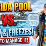 A shocked man in a winter coat and Hawaiian shirt holding a snow-covered pool skimmer next to a frozen swimming pool, with text Florida Pool vs Snow and Freezes