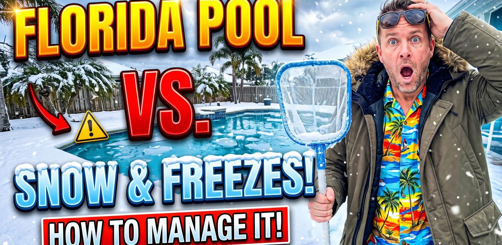 A shocked man in a winter coat and Hawaiian shirt holding a snow-covered pool skimmer next to a frozen swimming pool, with text Florida Pool vs Snow and Freezes