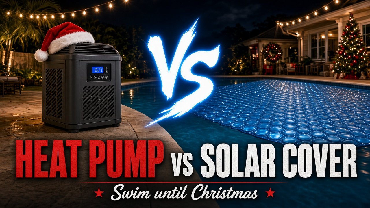 Florida pool at Christmas comparing a pool heat pump and a solar cover