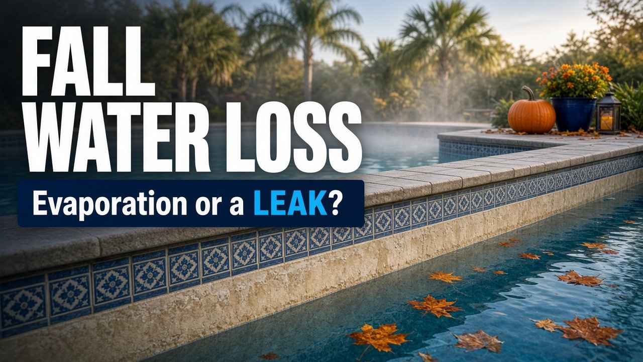 Florida pool with low waterline in October, evaporation vs leak comparison