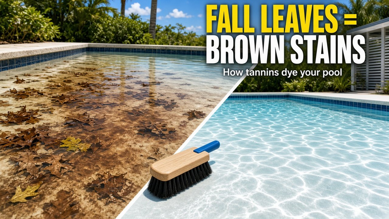 Brown tannin stains from fall leaves on a Florida pool floor, before and after cleaning